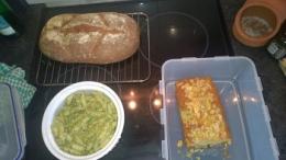 pasta bake, bread and cake